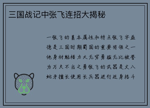 三国战记中张飞连招大揭秘