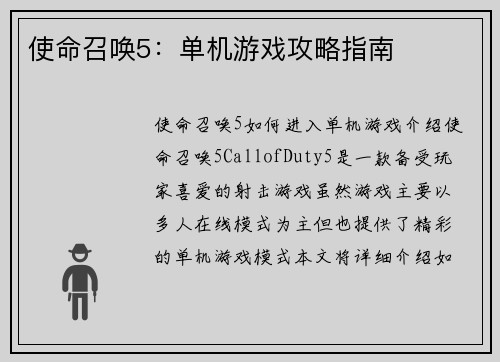 使命召唤5：单机游戏攻略指南
