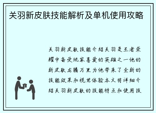 关羽新皮肤技能解析及单机使用攻略